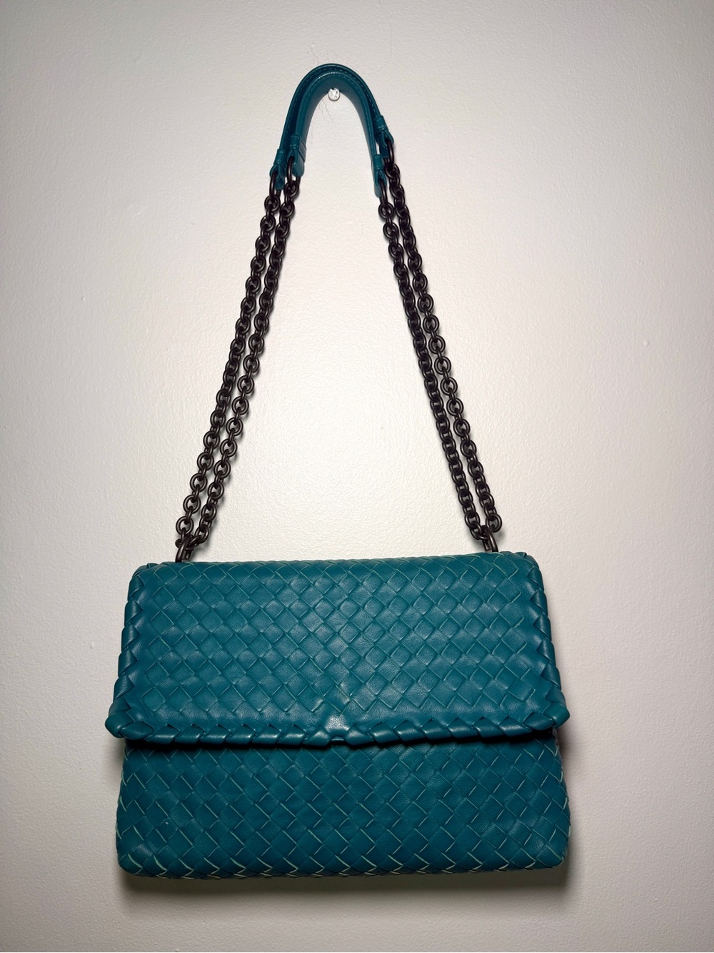 Bottega Veneta Crossbody Teal Leather Shoulder Olimpia Intrecciato Bag AUTHENTIC